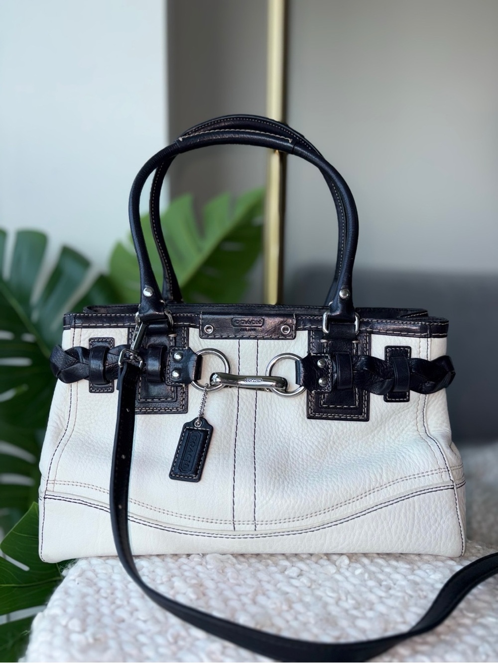Coach Hamptons White Pebbled Leather Braided Horsebit Carryall Tote Bag #F13084